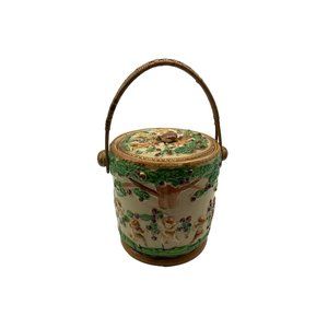 Vintage Japanese Majolica Porcelain Biscuit Jar with Lid and Bamboo Handle